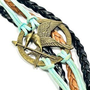 Hunger Games Mockingjay Charm Bracelet Braided Leather Cord Bronze Tone Fan‎